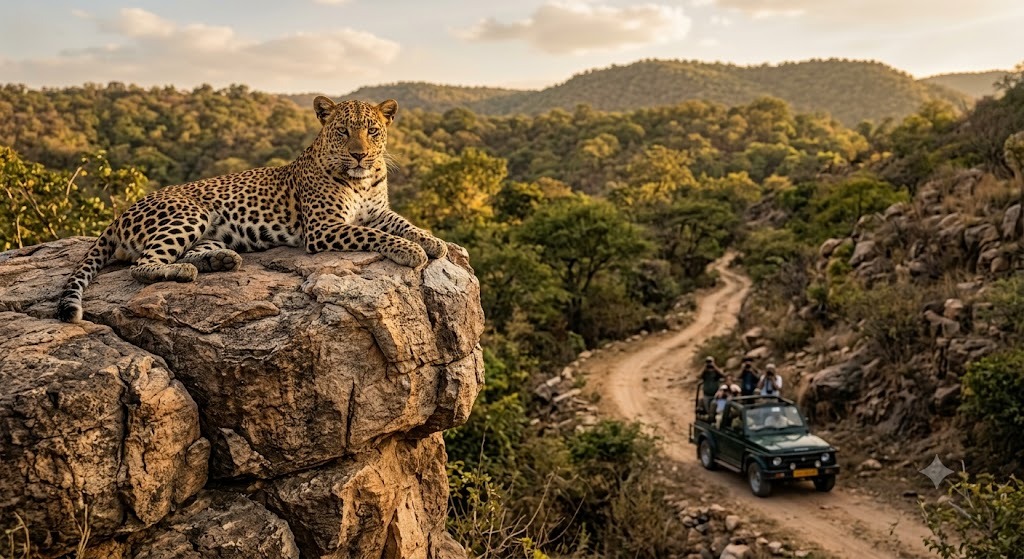 Indian leopard resting on Aravali rocks during Jhalana leopard safari Jaipur